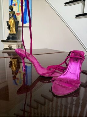Versace Pink Suede Ankle Wrap Strappy Heels